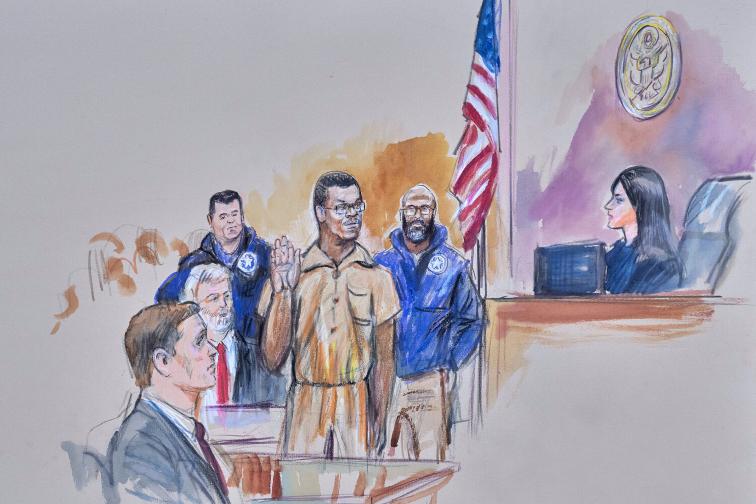 This courtroom sketch depicts Brian Cole Jr., 30, of Woodbridge, Va., the man accused of planting a...