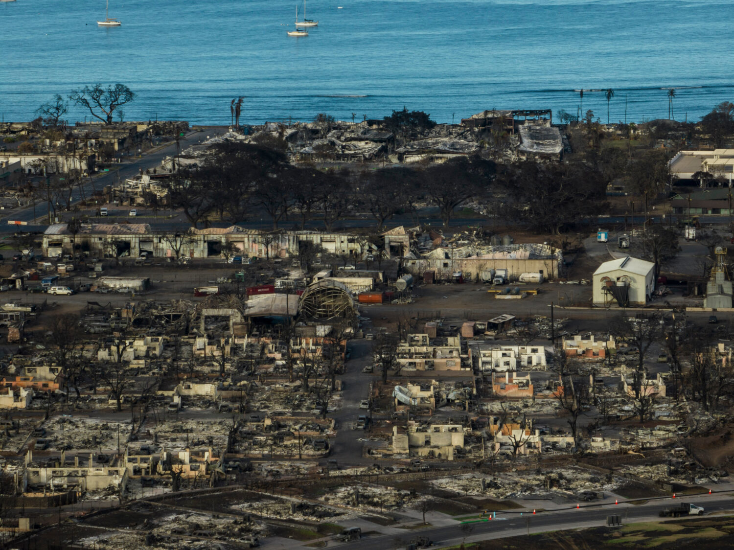 FILE - A general view of the aftermath of a wildfire in Lahaina on the Hawaiian island of Maui, Thu...