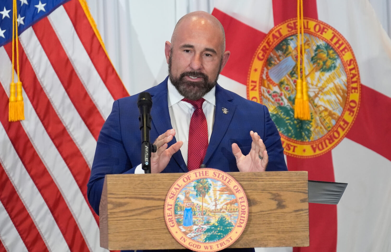 FILE - Florida Lt. Gov. Jay Collins during a news conference Aug. 12, 2025, in Tampa, Fla. (AP Phot...