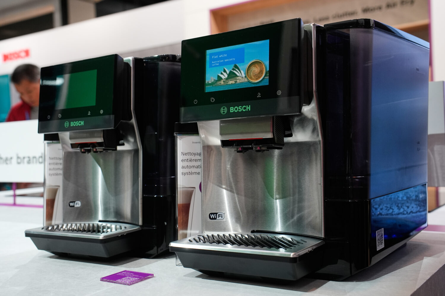 A couple of Bosch 800 Series fully automatic espresso machines are seen on display at the Bosch boo...