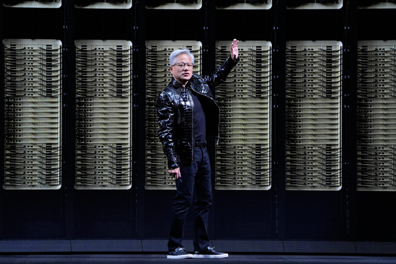 Nvidia founder and CEO Jensen Huang speaks about the NVIDIA Rubin AI super computing platform durin...