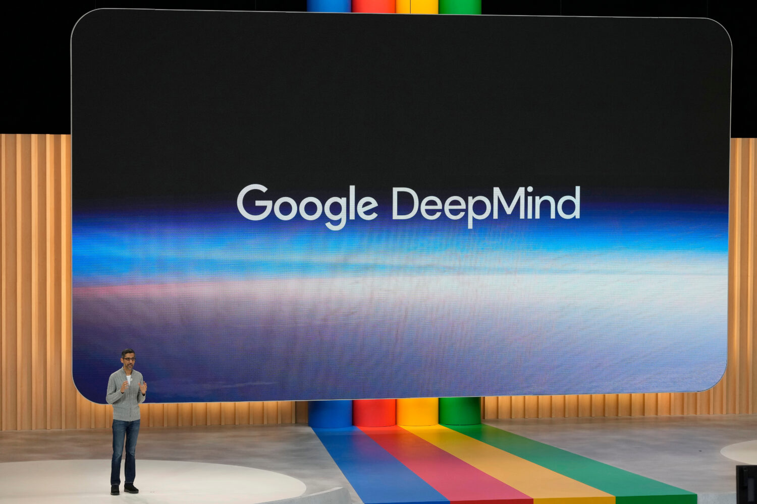 FILE - Alphabet CEO Sundar Pichai speaks about Google DeepMind at a Google I/O event in Mountain Vi...