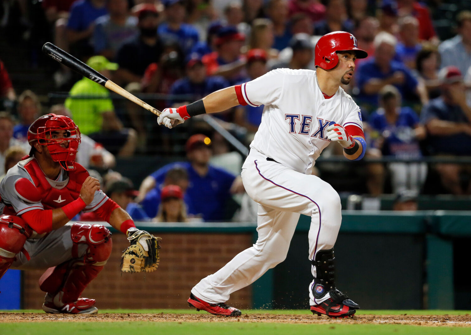 FILE - Texas Rangers' Carlos Beltran follows through on a two-run home run swing as Los Angeles Ang...