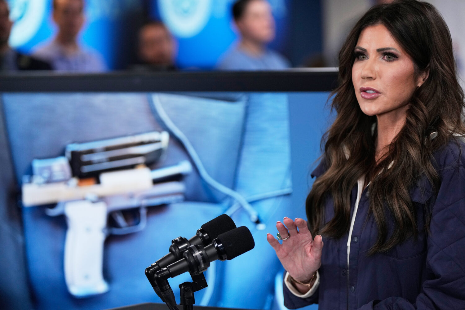Homeland Security Secretary Kristi Noem speaks during a news conference at Federal Emergency Manage...