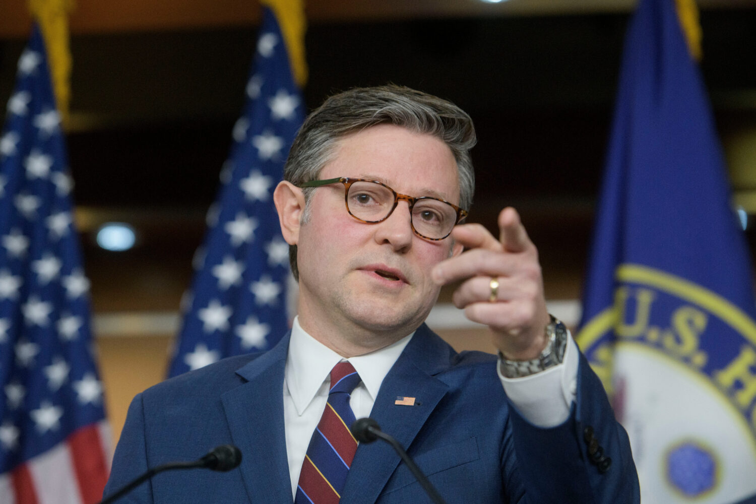 Speaker of the House Mike Johnson, R-La., speaks during a news conference at the Capitol, Tuesday, ...