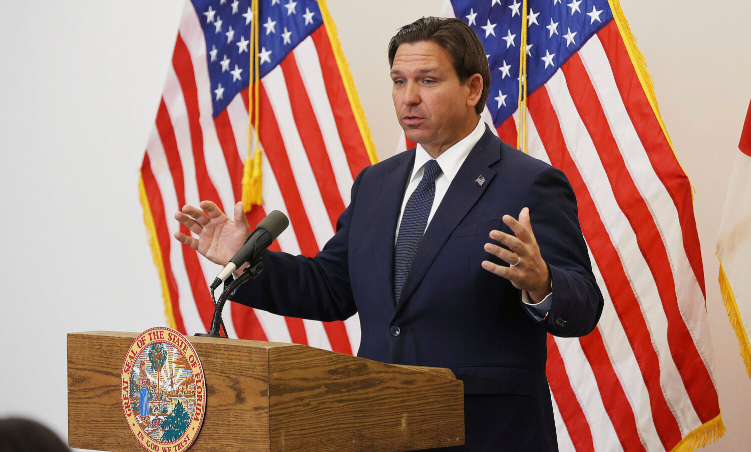 FILE - Florida Governor Ron DeSantis announces issuing "investigative subpoenas" to Orange County e...