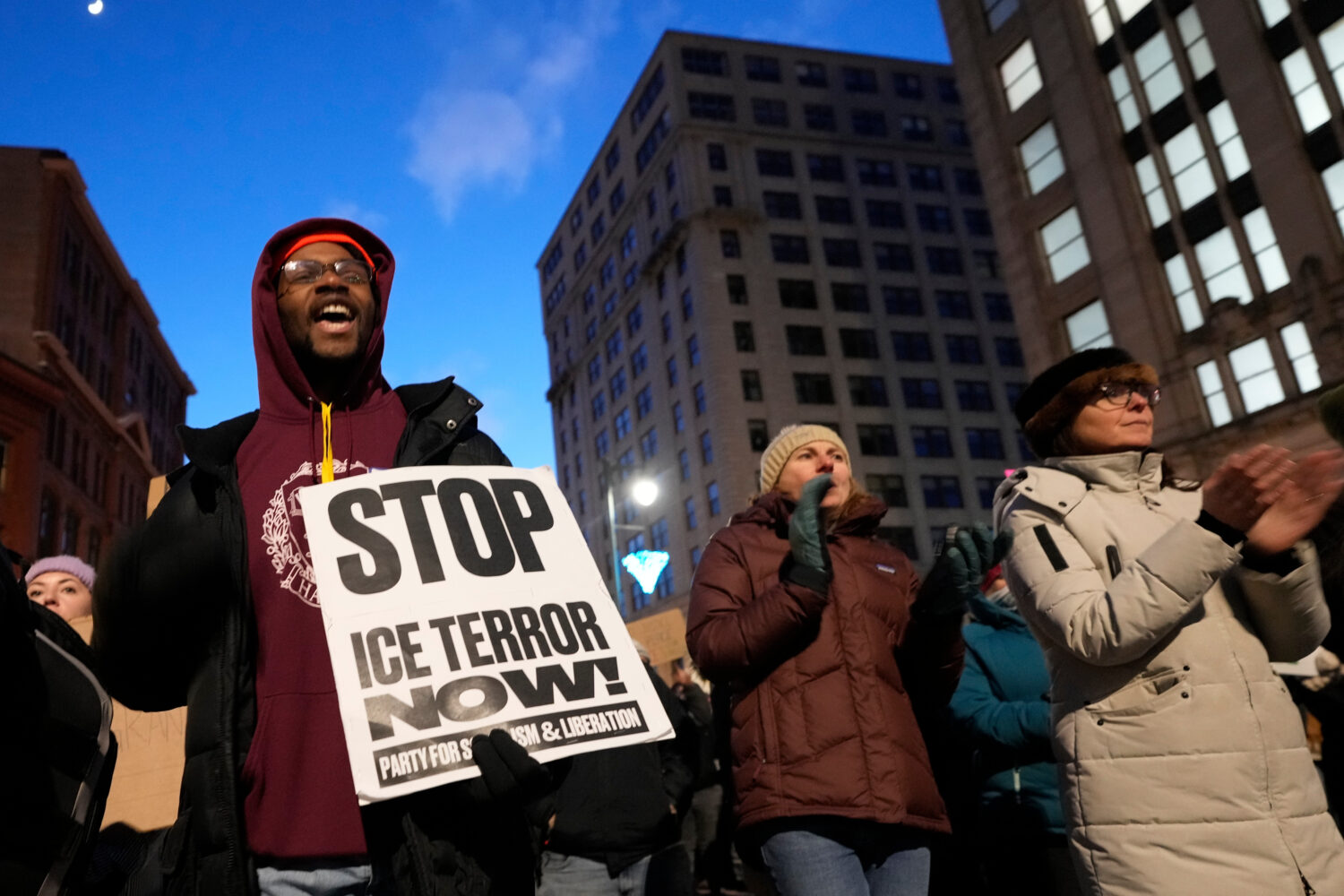 Protesters rally against the presence of U.S. Immigration Customs Enforcement in Maine, Friday, Jan...