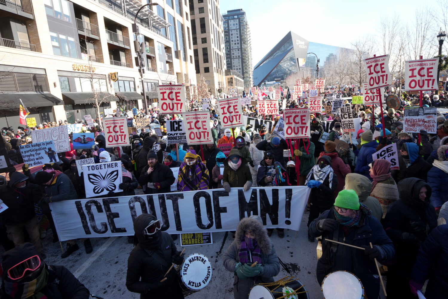 People protest against Federal immigration agents on Friday, Jan. 23, 2026, in Minneapolis. (AP Pho...