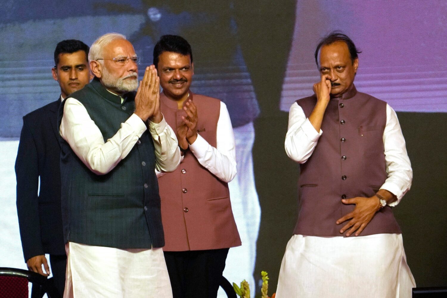 FILE -Maharashtra Deputy Chief Minister Ajit Pawar, right stands with Indian Prime Minister Narendr...
