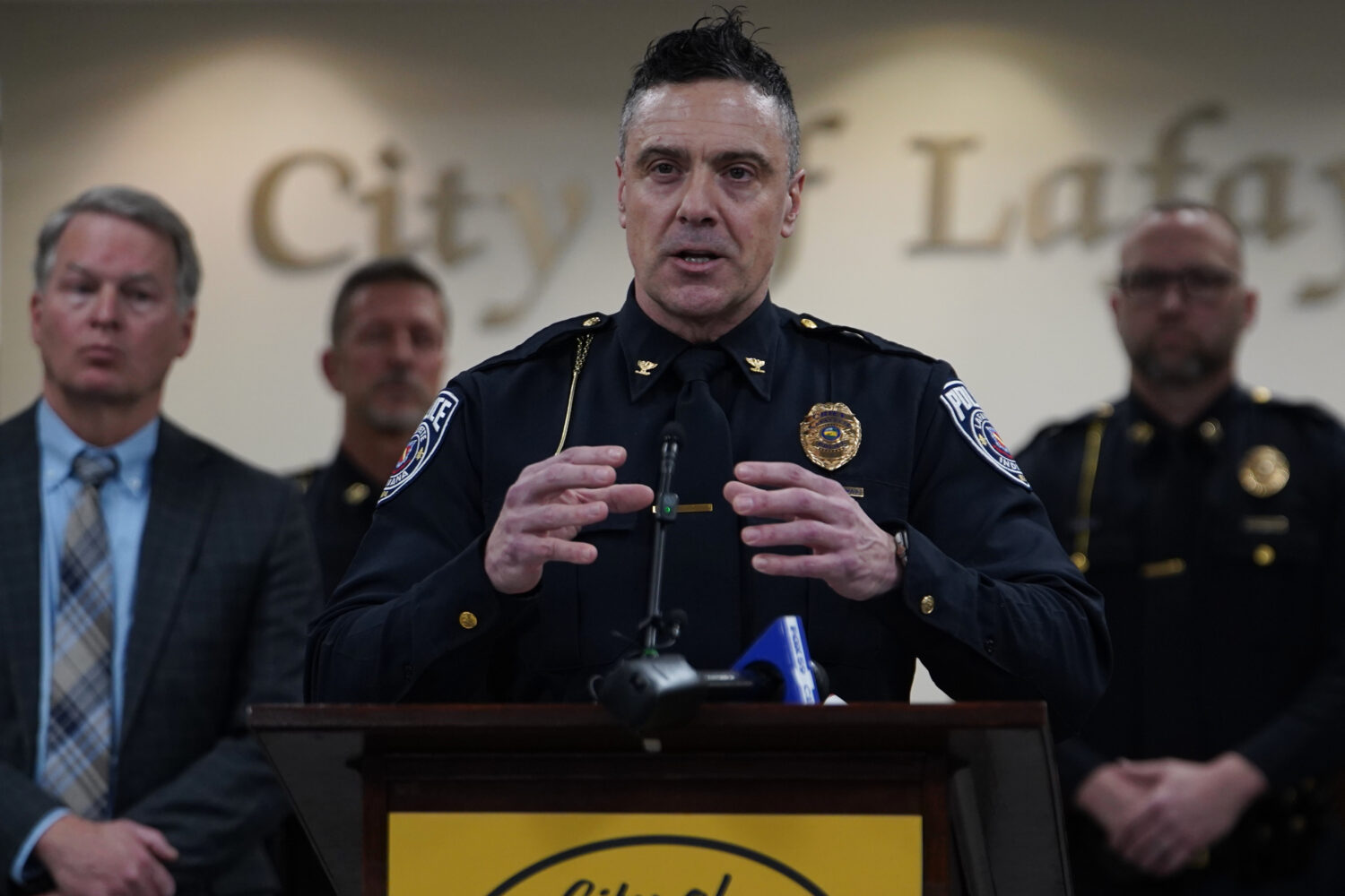 Lafayette Police chief Scott Galloway speaks at a news briefing at Lafayette City Hall in Lafayette...
