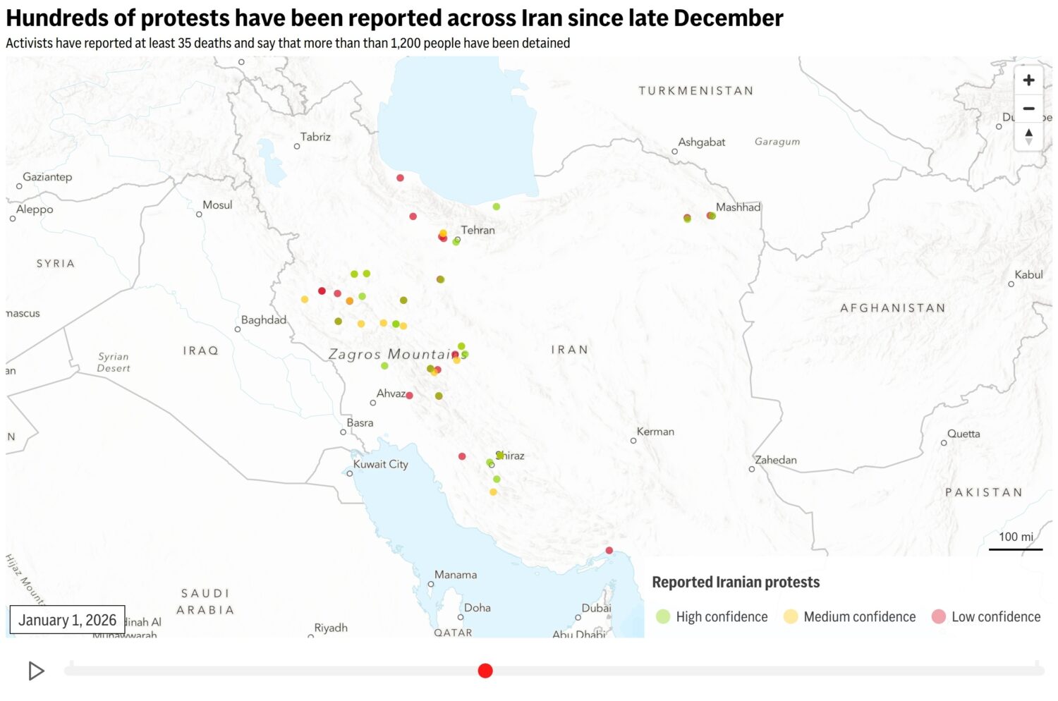 An interactive map of protests in Iran from December 29, 2025, to January 5, 2026. (AP Digital Embe...