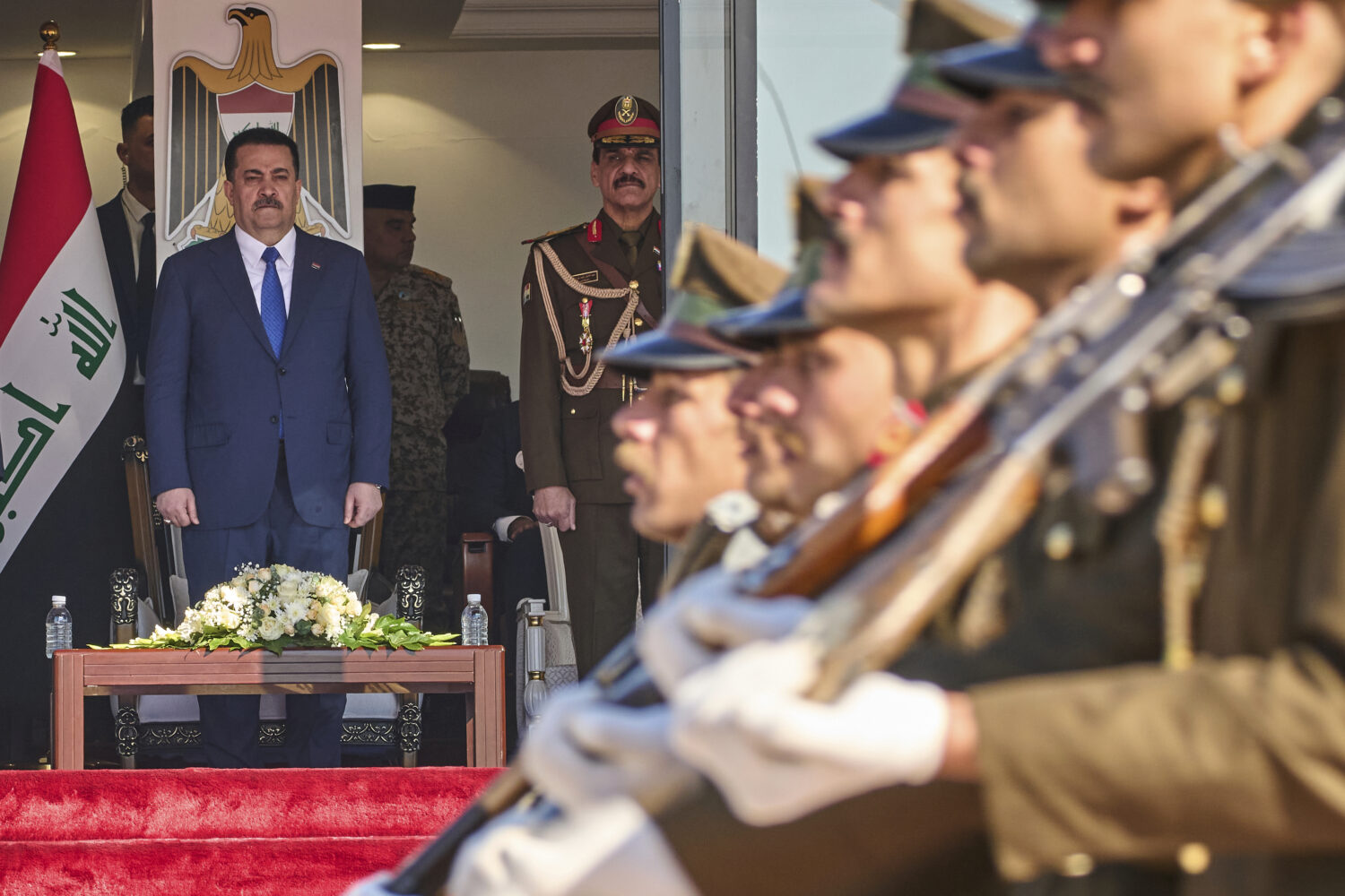 Iraqi Prime Minister Mohammed Shia al-Sudani, attends the Army Day celebrations in Baghdad, Iraq, T...