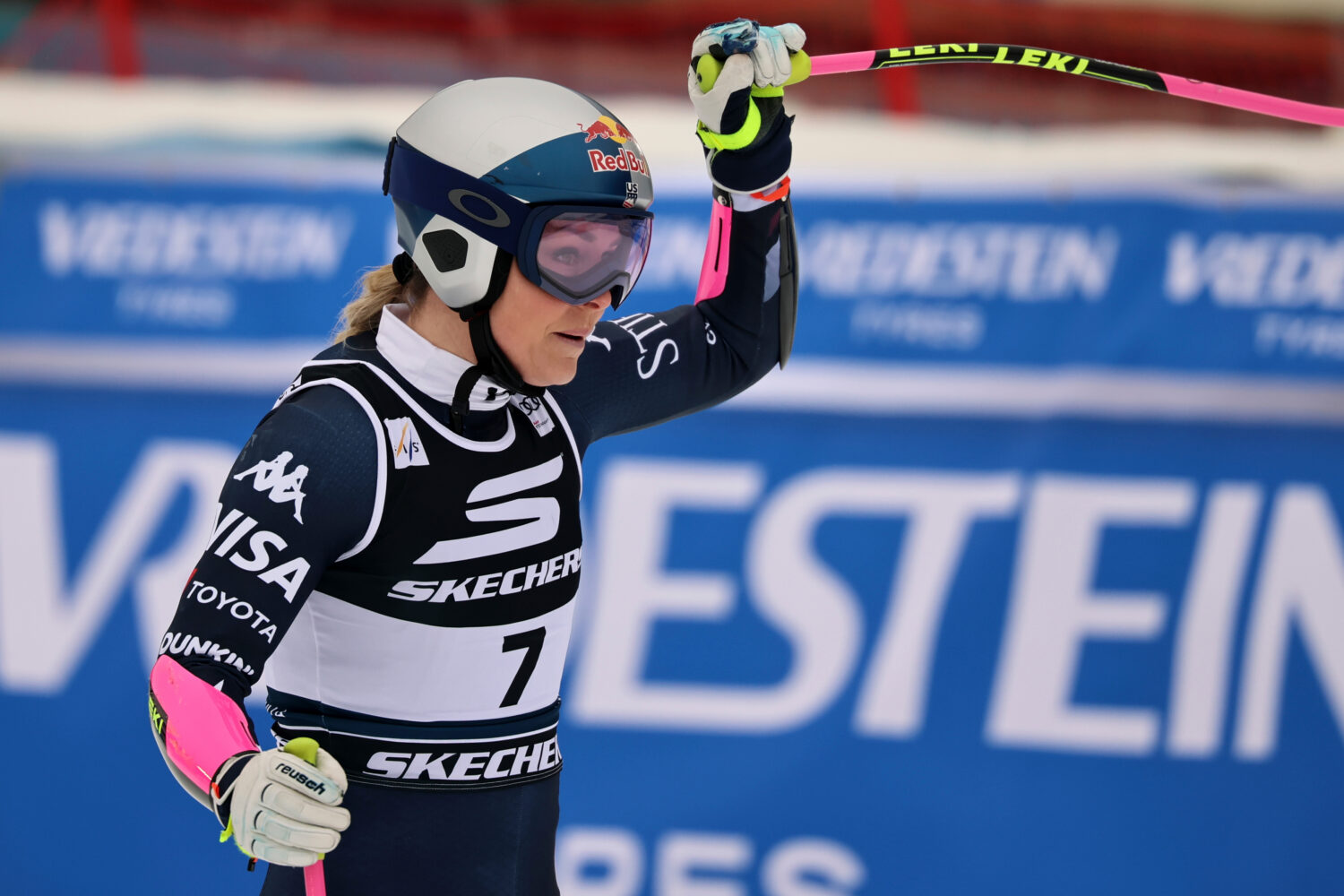 United States' Lindsey Vonn celebrates at the finish area of an alpine ski, women's World Cup Super...