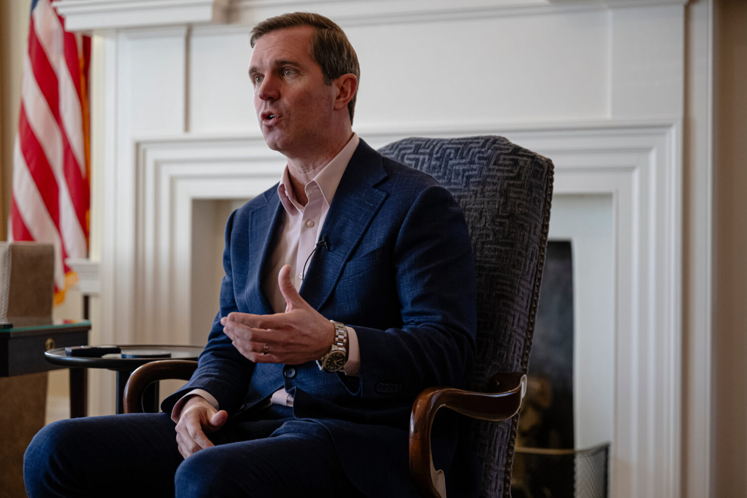 Kentucky Gov. Andy Beshear gives an interview, Monday, Jan. 12, 2026, in Frankfort, Ky. (AP Photo/J...