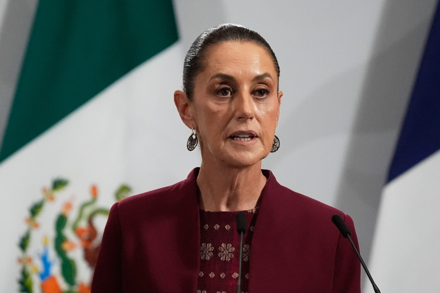 FILE - Mexican President Claudia Sheinbaum speaks at the National Palace in Mexico City, Nov. 7, 20...