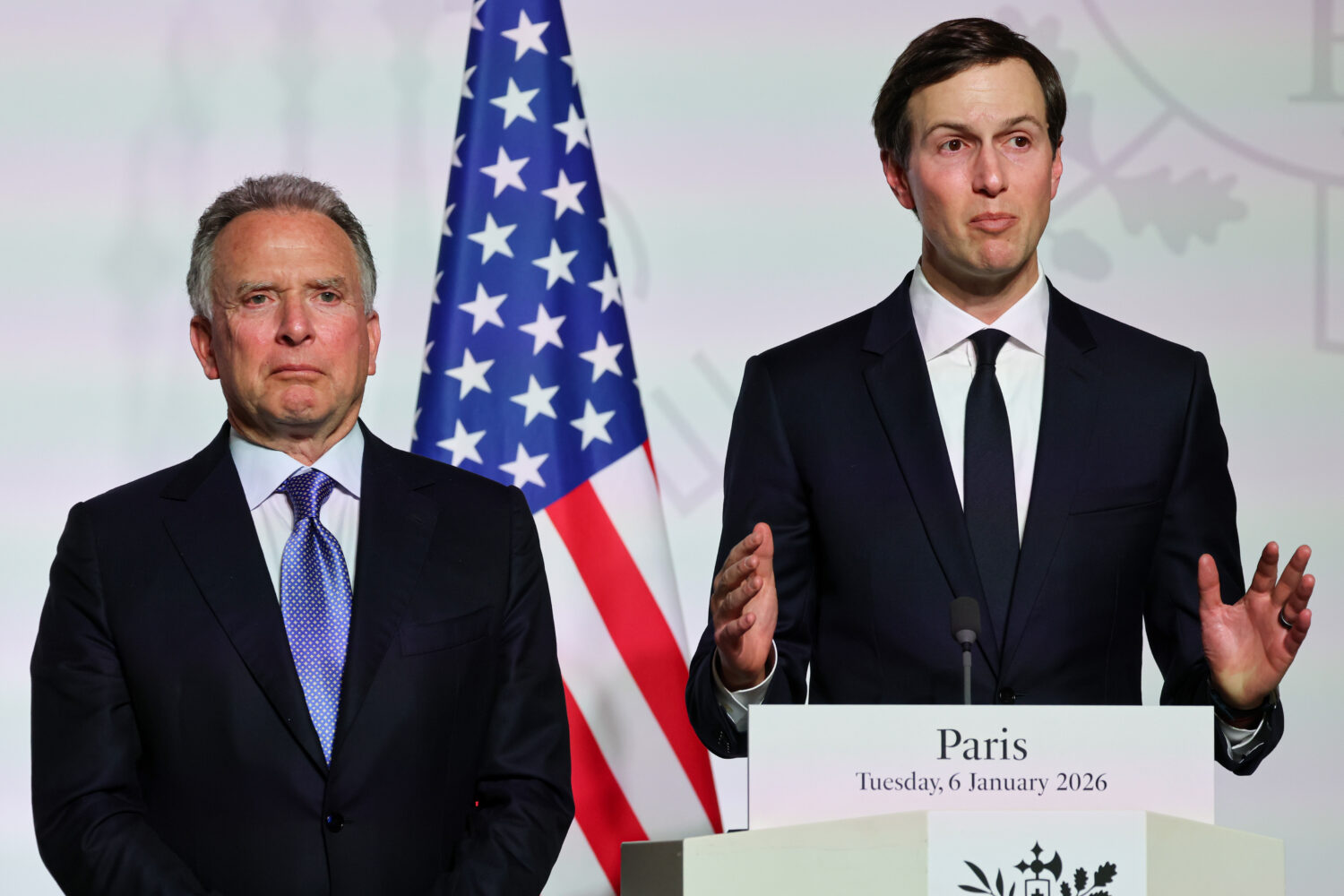 FILE - US envoy Steve Witkoff, left, and US businessman Jared Kushner attend a press conference aft...