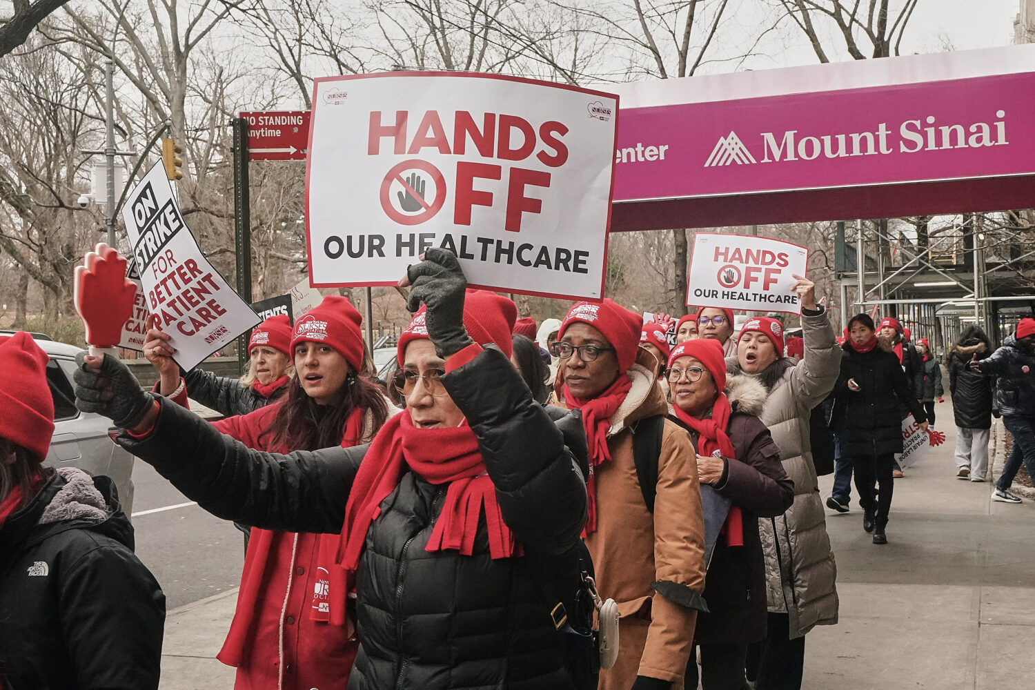 Striking nurses demonstrate outside Mt. Sinai Hospital, in New York, Wednesday, Jan. 14, 2026. (AP ...
