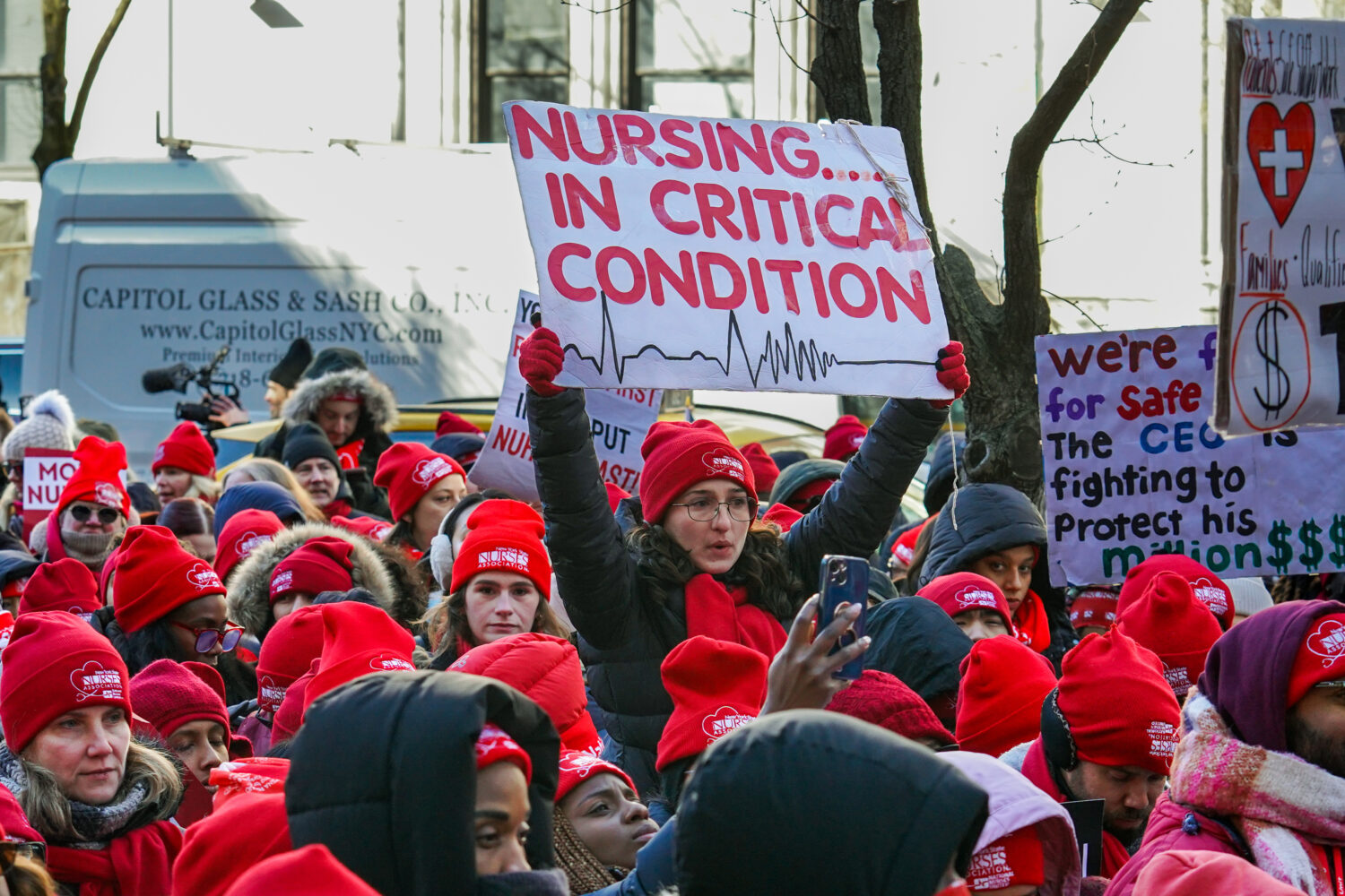 Members of the New York State Nurses Association union picket outside Mount Sinai West Hospital, Tu...