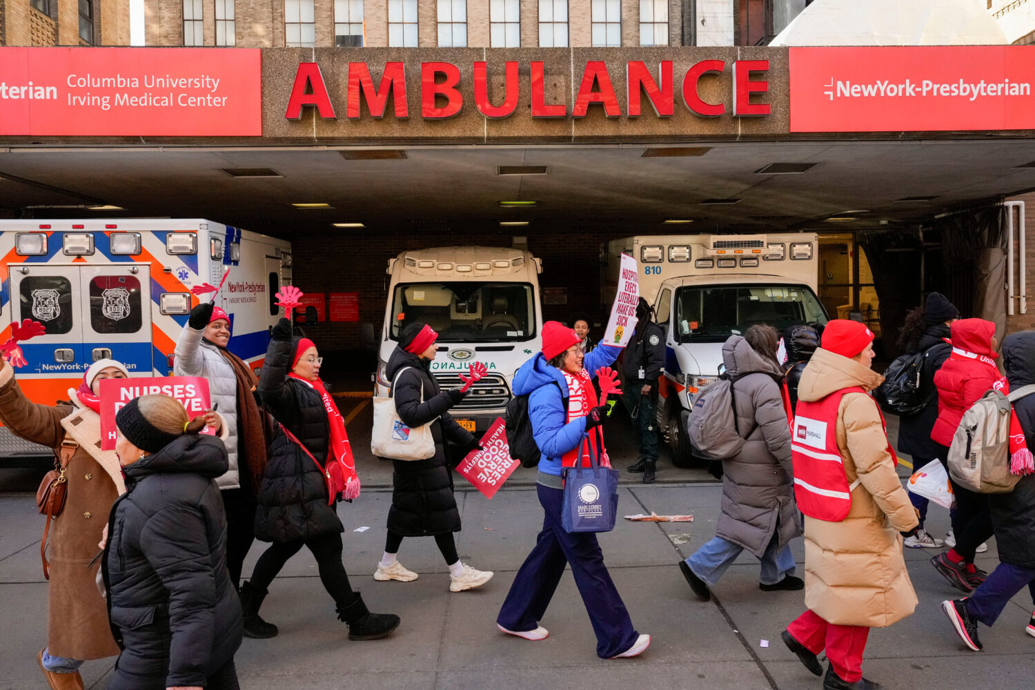 Nurses strike outside New York-Presbyterian Hospital, Monday, Jan. 12, 2026, in New York. (AP Photo...