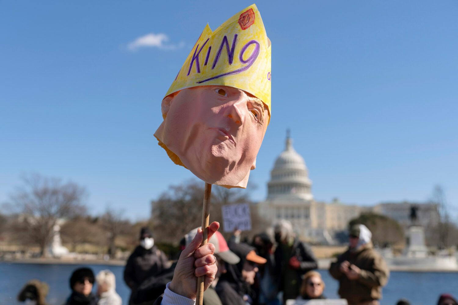 FILE - People take part in the "No Kings Day" protest on Presidents Day in Washington, Feb. 17, 202...