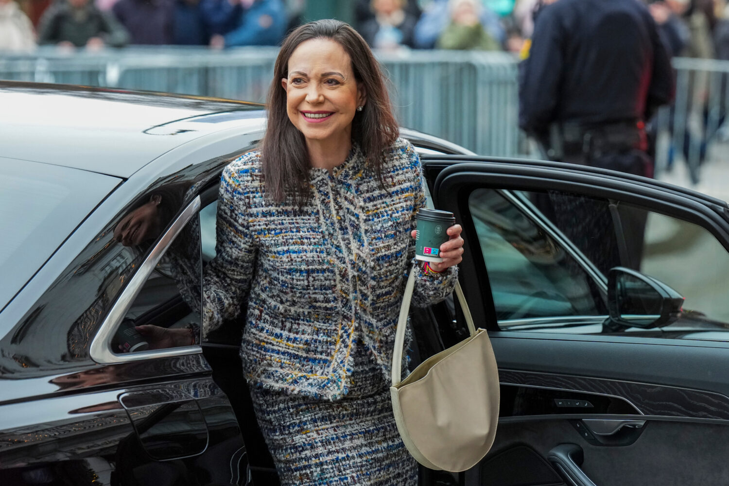 Nobel Peace Prize winner María Corina Machado outside the Grand Hotel in Oslo, Friday Dec. 12, 202...