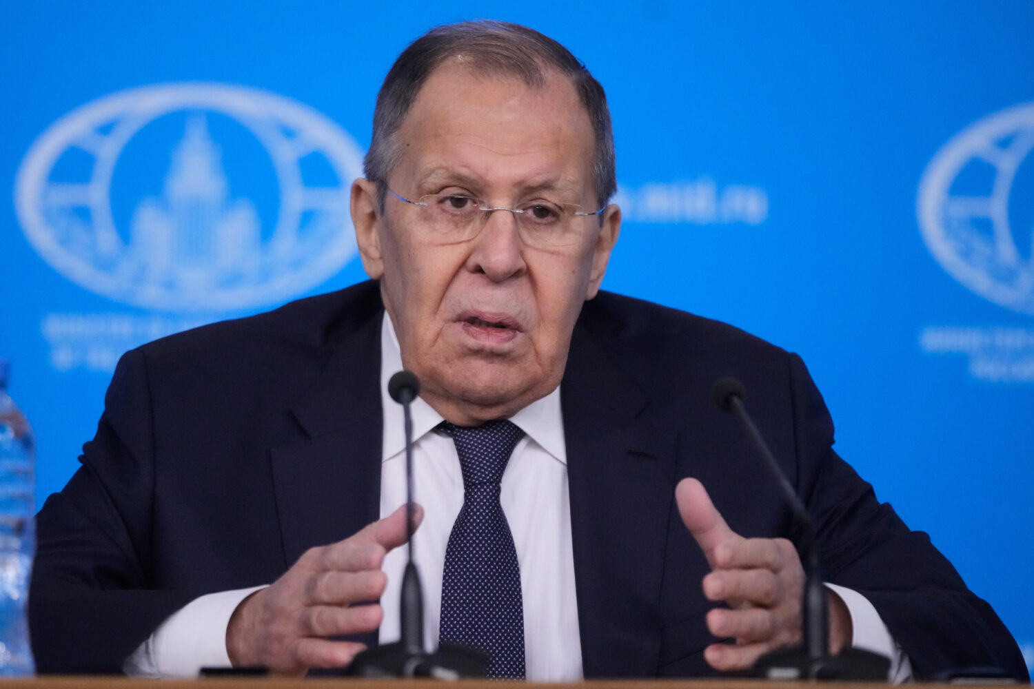 Russian Foreign Minister Sergey Lavrov gestures while speaking during his annual news conference in...