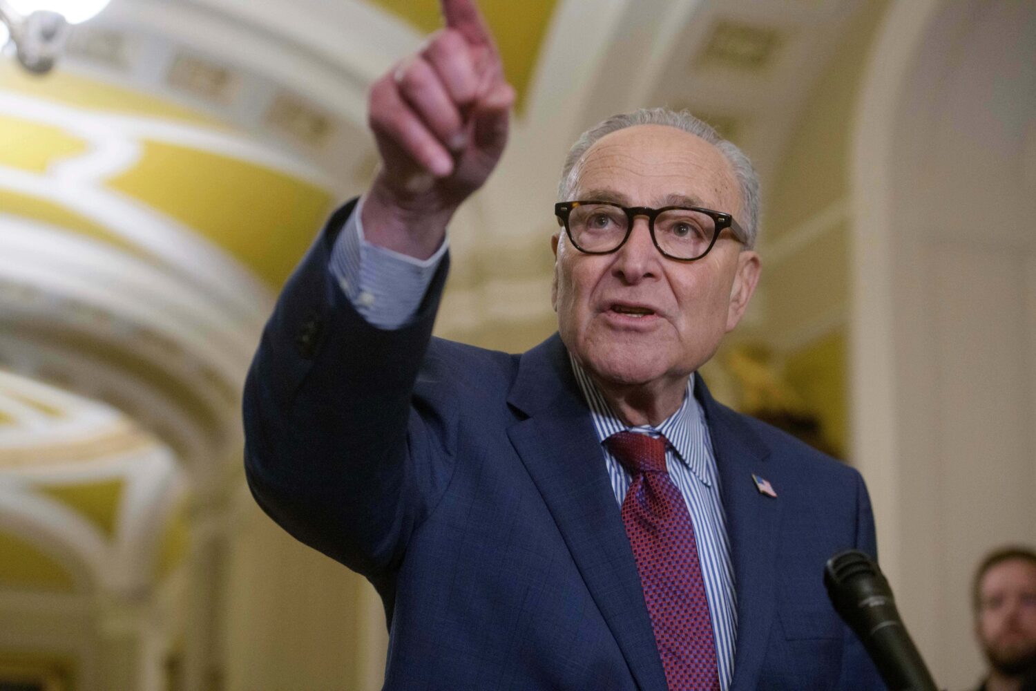 Senate Minority Leader Chuck Schumer, D-N.Y., speaks during the Senate Democrat policy luncheon new...