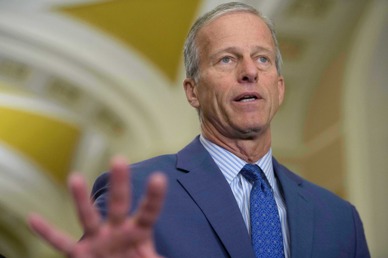 Senate Majority Leader John Thune, R-S.D., speaks during a news conference at the Capitol, Tuesday,...