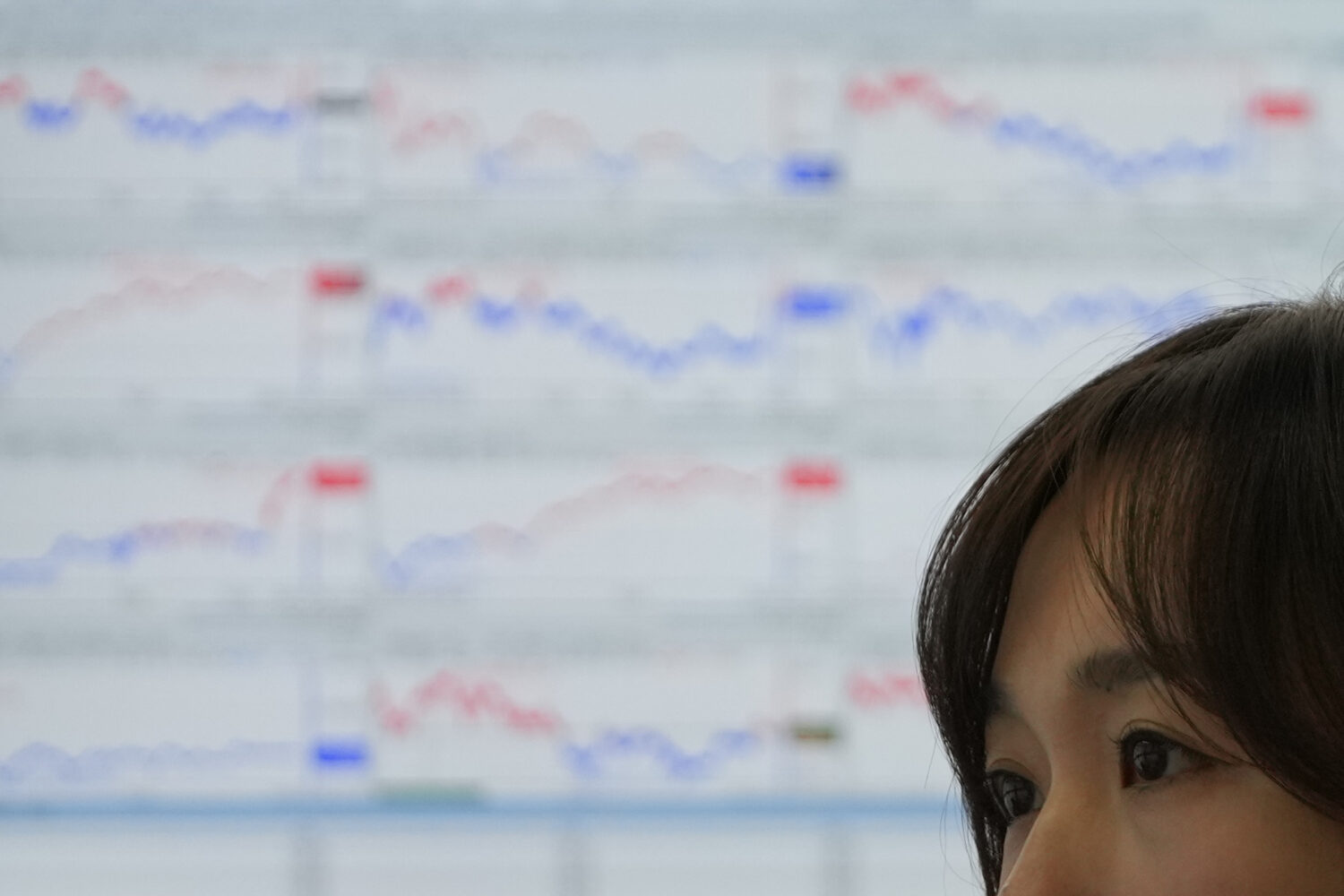 A dealer watches computer monitors at a dealing room of Hana Bank in Seoul, South Korea, Thursday, ...