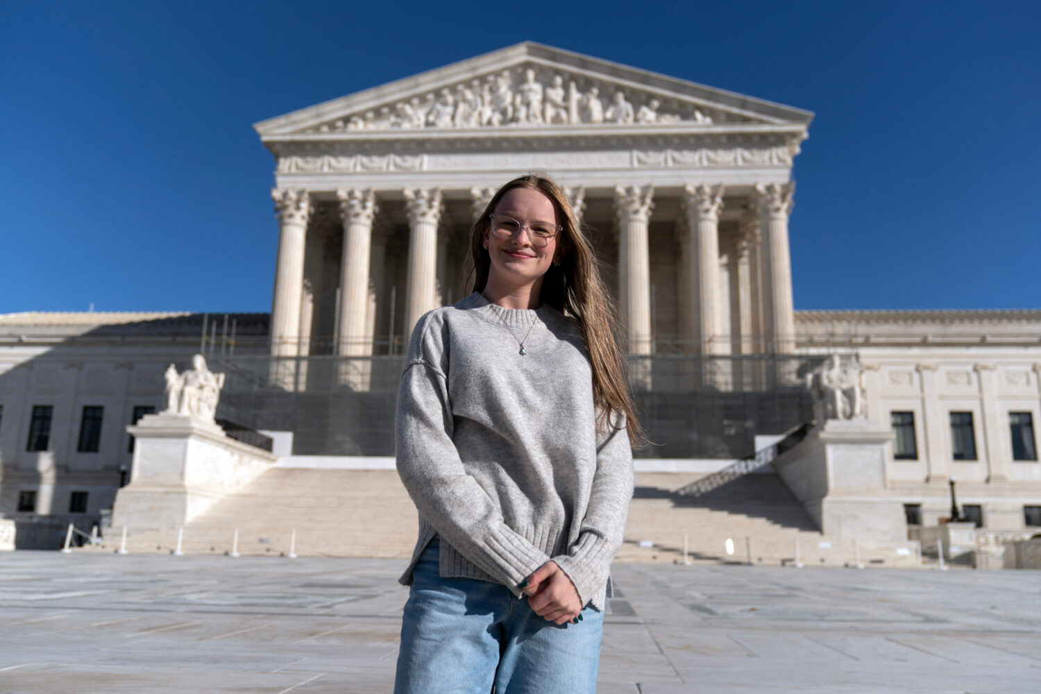 Becky Pepper-Jackson poses for a photograph outside of the U.S. Supreme Court in Washington, Sunday...