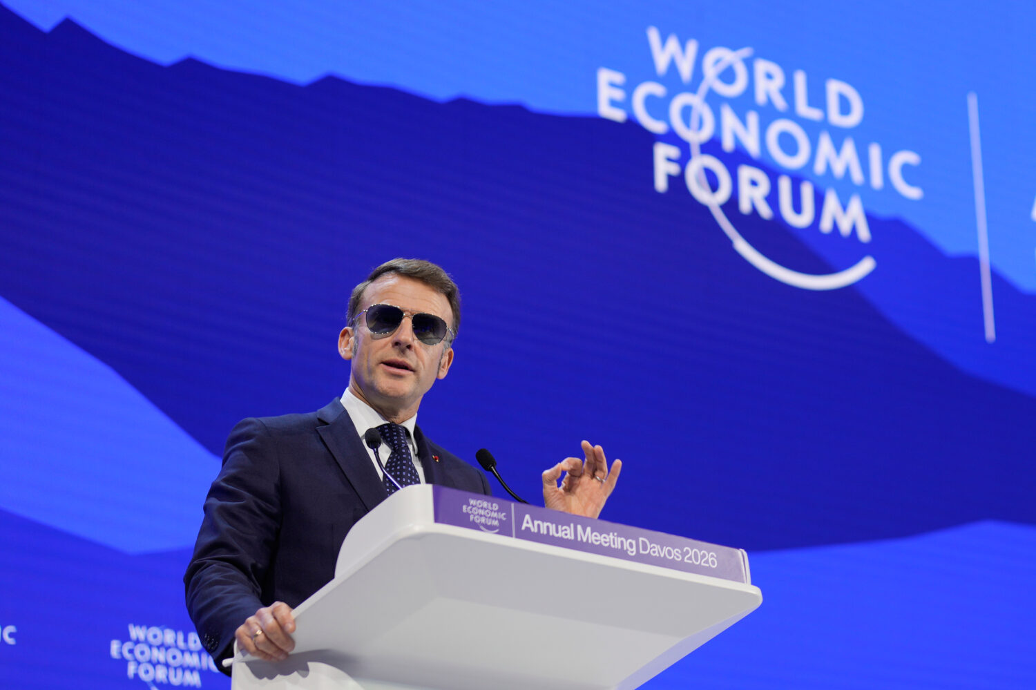 French President Emmanuel Macron speaks during the Annual Meeting of the World Economic Forum in Da...