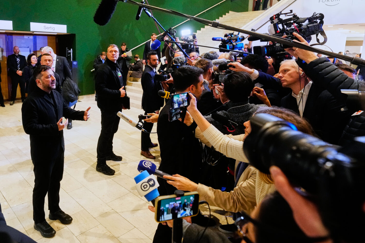 Ukraine's President Volodymyr Zelenskyy talks to the media at the Annual Meeting of the World Econo...