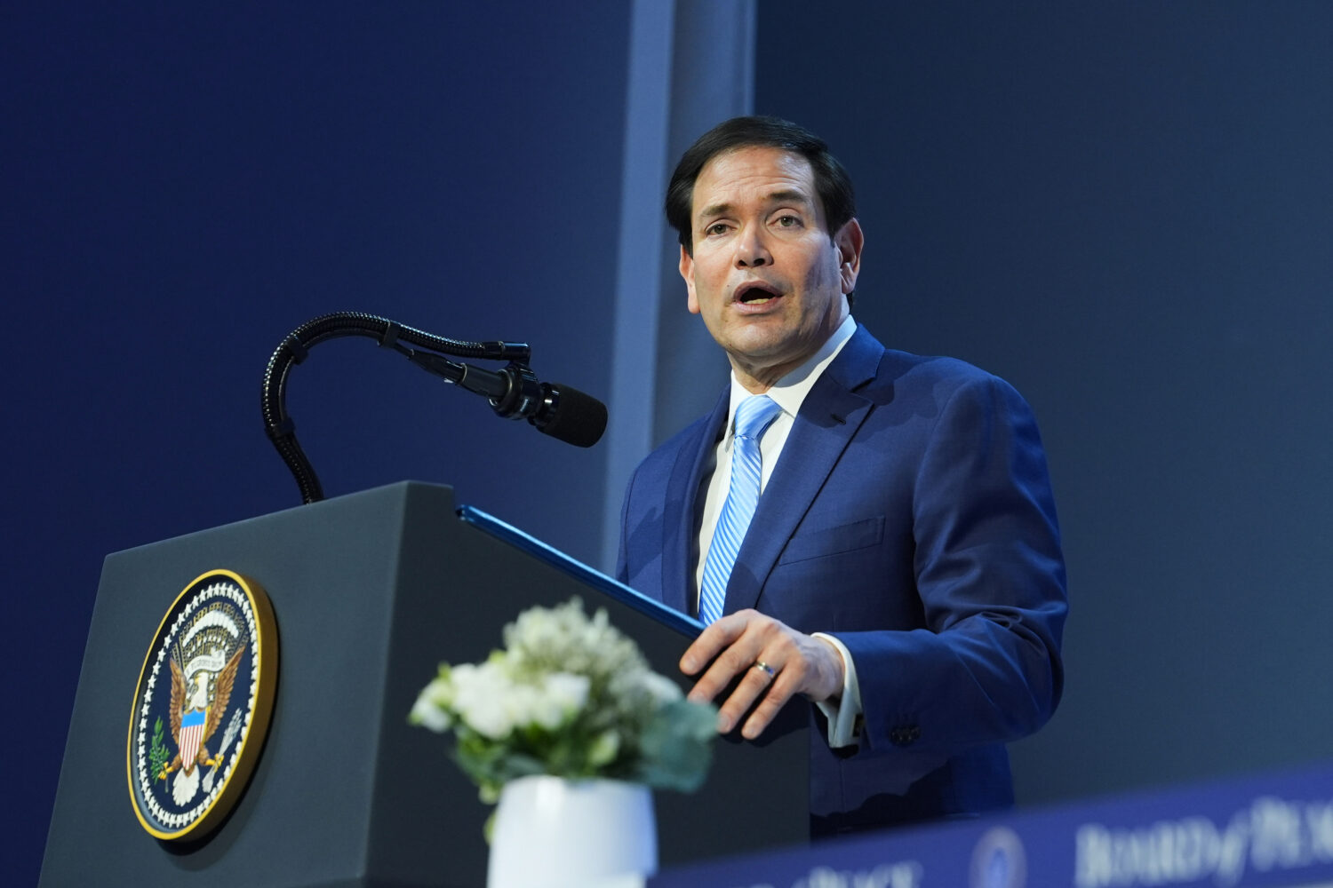 United States Secretary of State Marco Rubio speaks after the signing of a Board of Peace charter d...