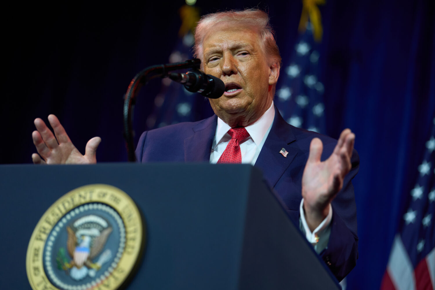President Donald Trump speaks to House Republican lawmakers during their annual policy retreat, Tue...
