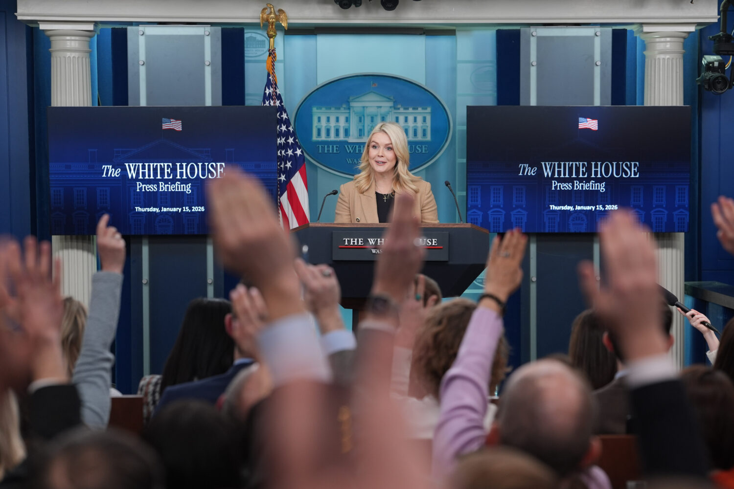 White House press secretary Karoline Leavitt speaks with reporters in the James Brady Press Briefin...