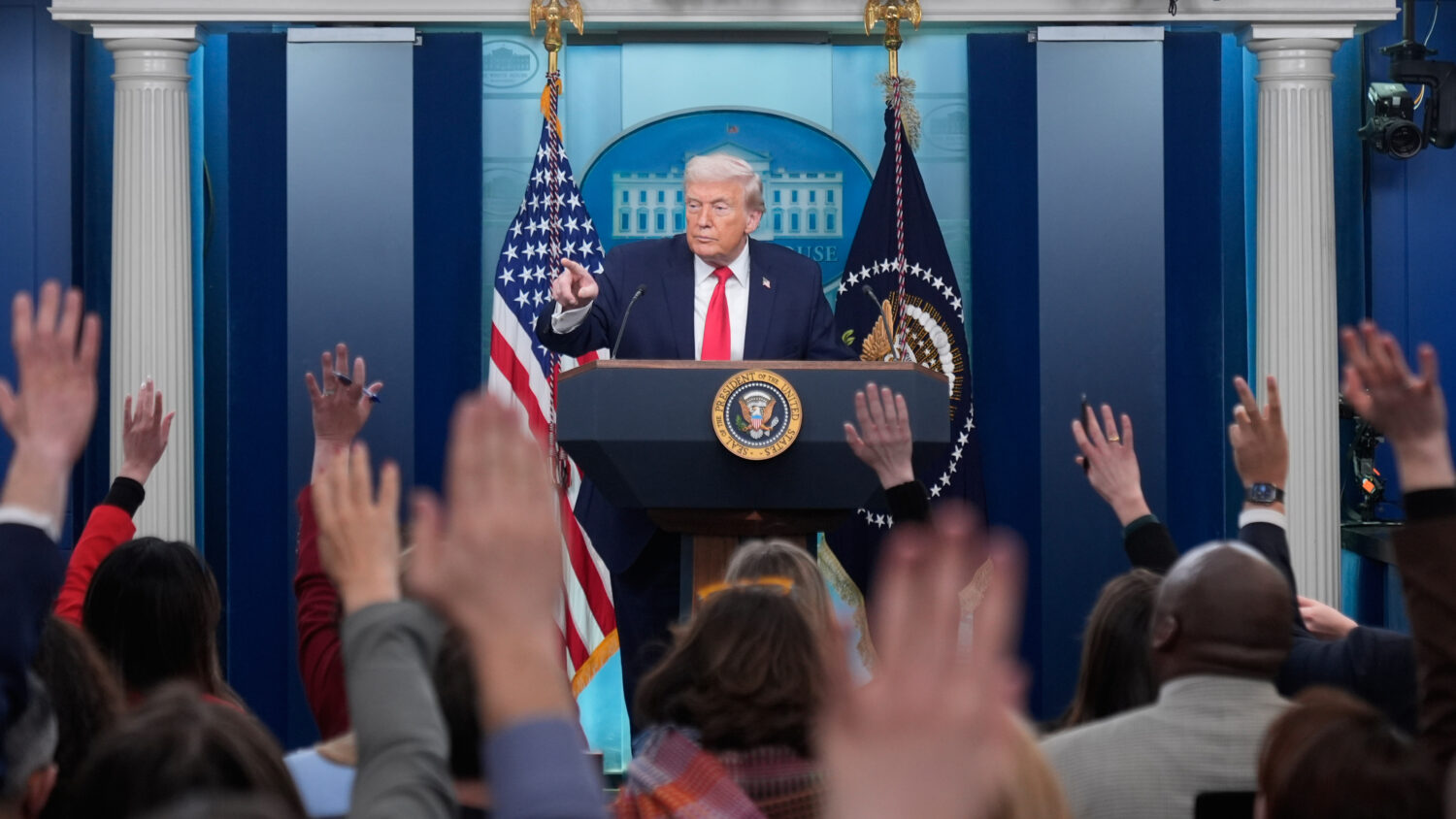 President Donald Trump speaks during a press briefing at the White House in Washington, Tuesday, Ja...