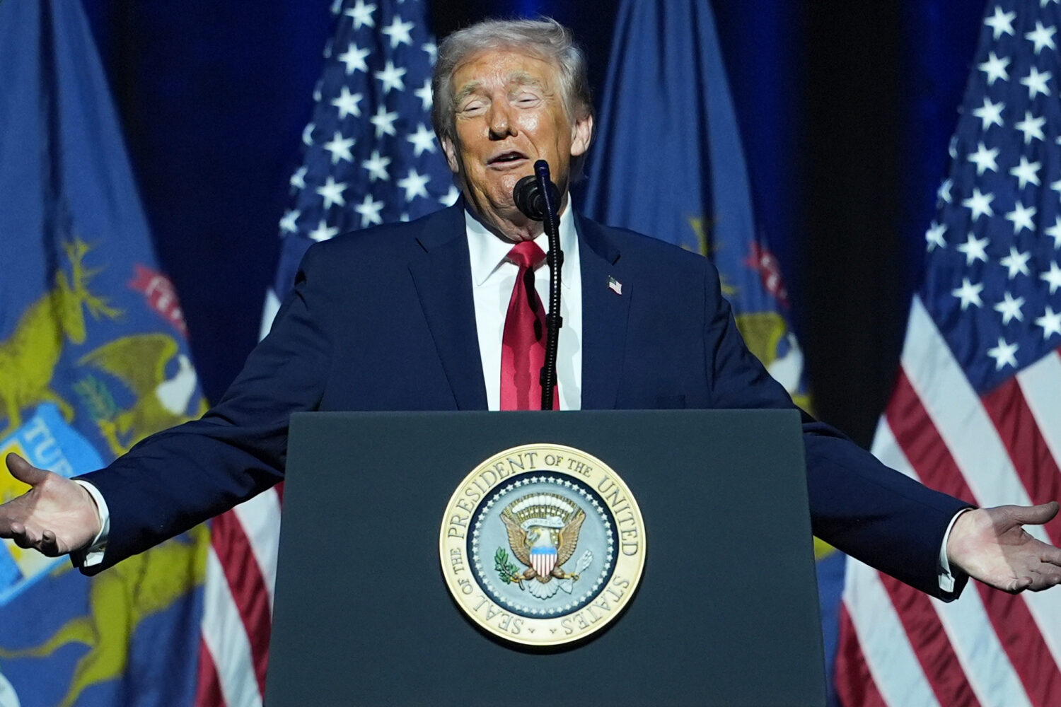 President Donald Trump delivers remarks to the Detroit Economic Club at the MotorCity Casino Hotel,...