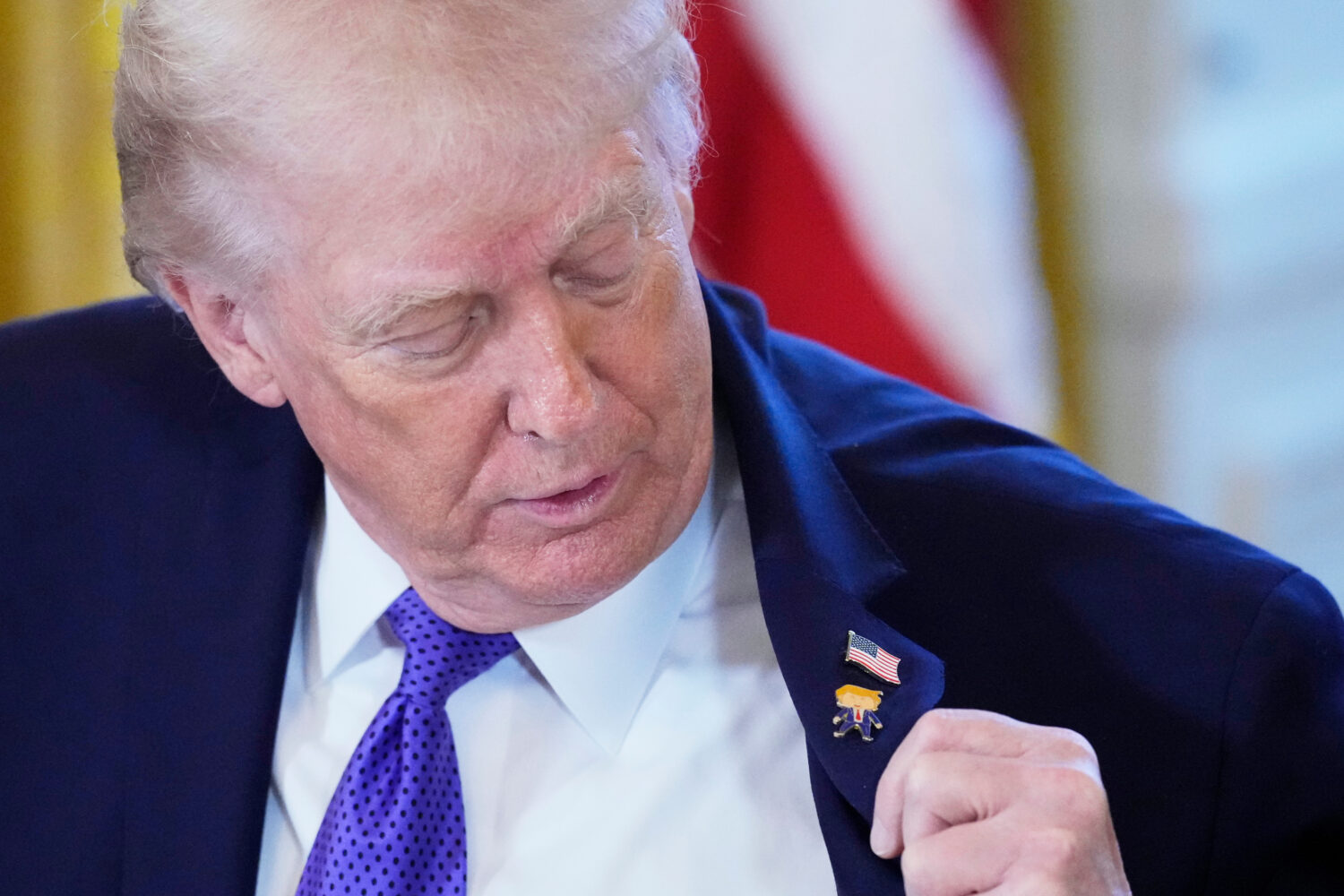 President Donald Trump wears a gift, which he calls a "Happy Trump" pin, during a meeting with oil ...