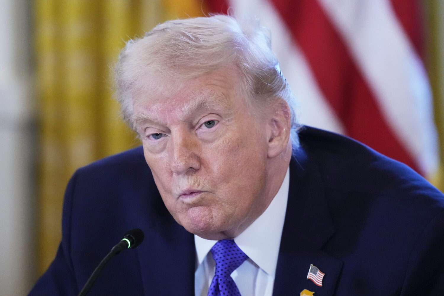 President Donald Trump attends a meeting with oil executives in the East Room of the White House, F...
