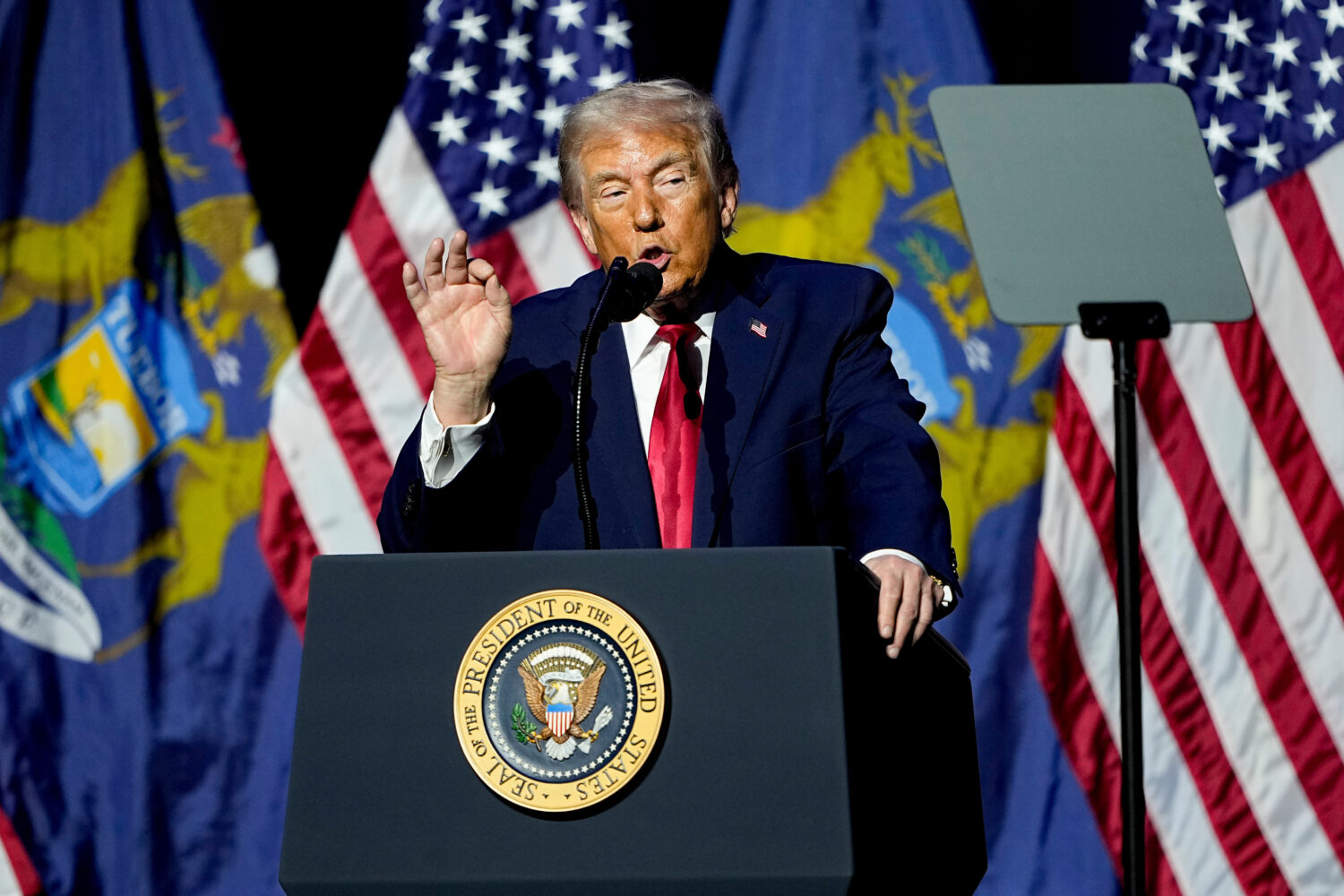 President Donald Trump speaks at the Detroit Economic Club Tuesday, Jan. 13, 2026 in Detroit. (AP P...