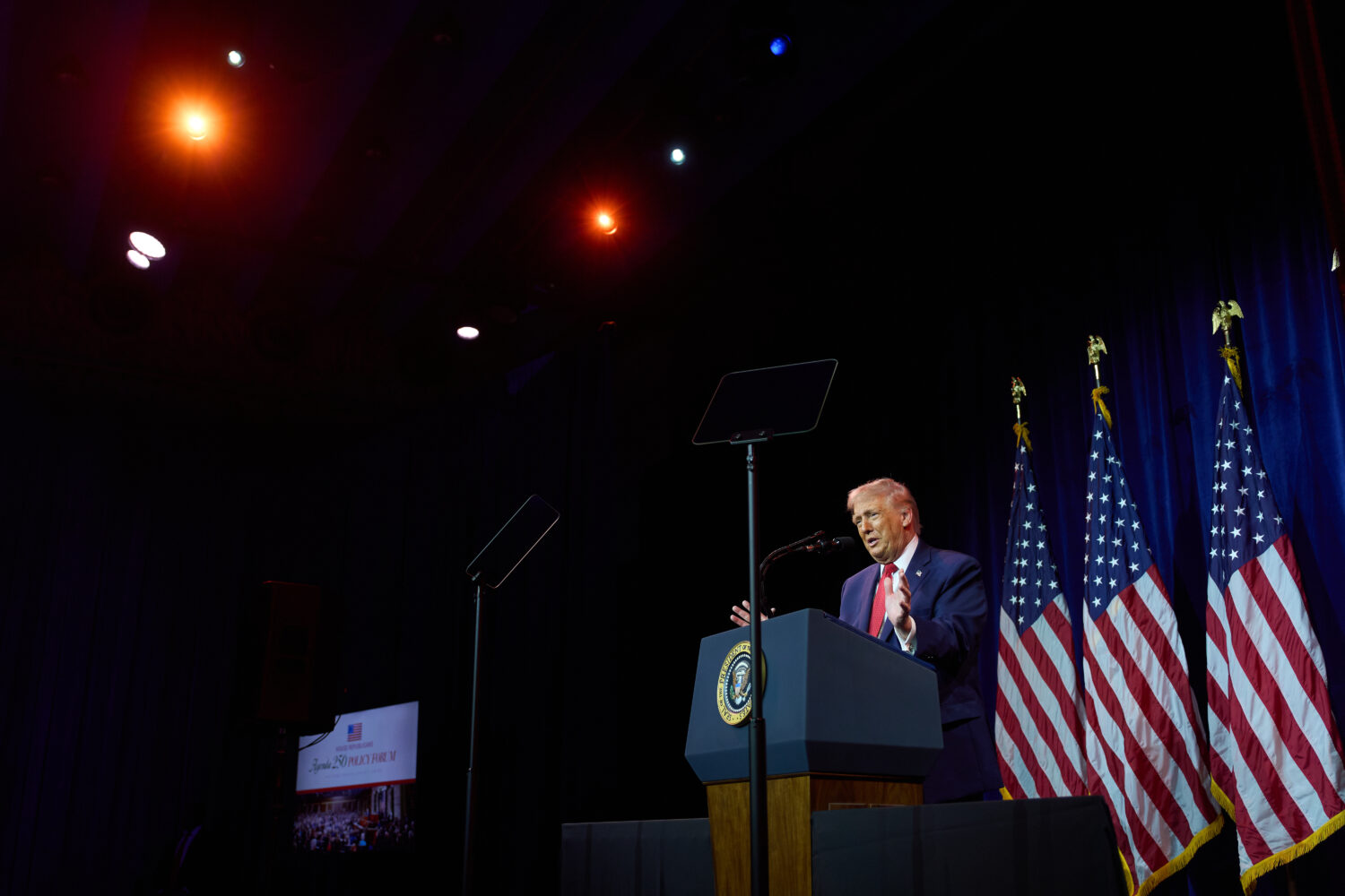 President Donald Trump speaks to House Republican lawmakers during their annual policy retreat, Tue...