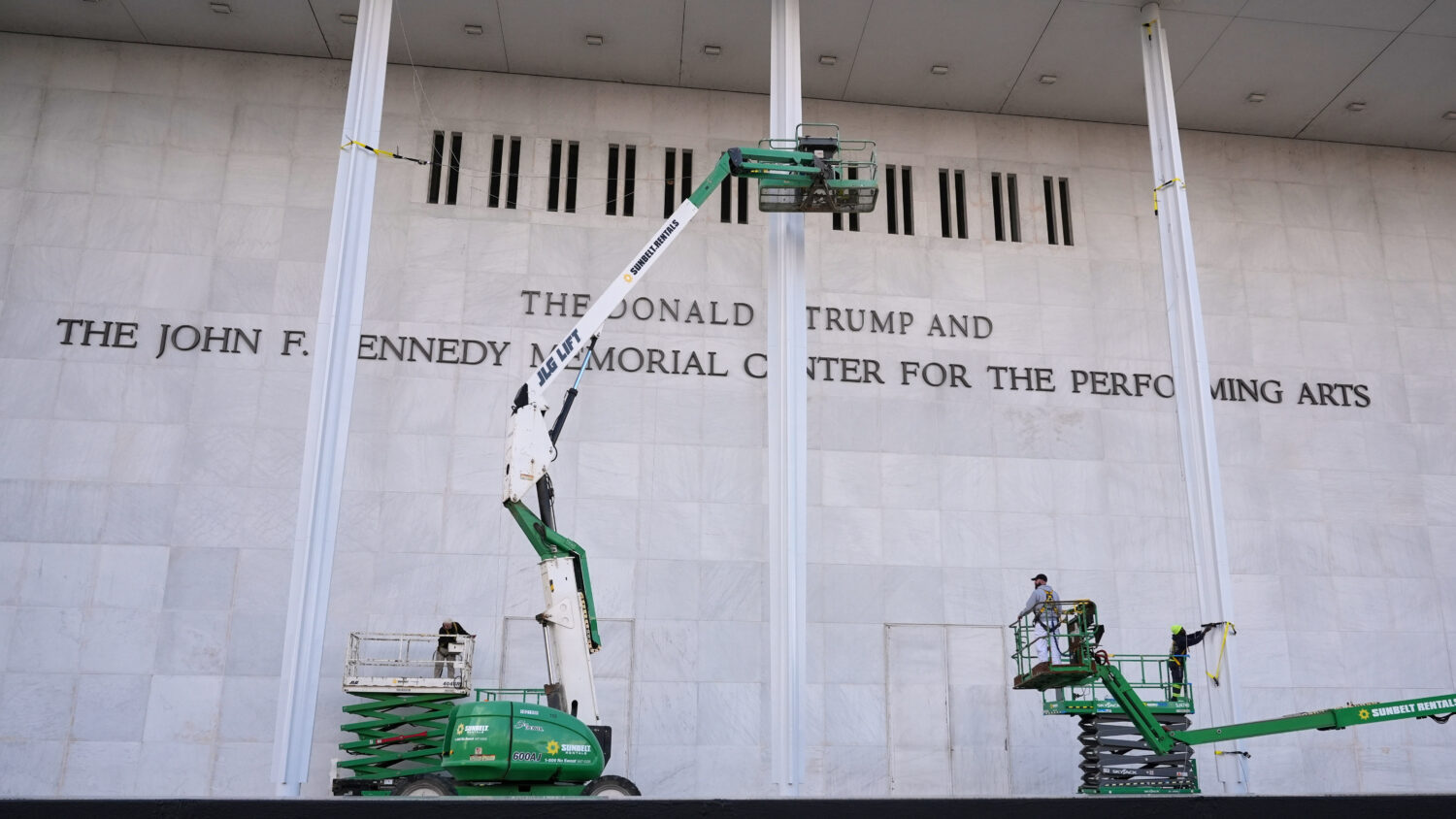 New signage, The Donald J. Trump and The John F. Kennedy Memorial Center for the Performing Arts, i...