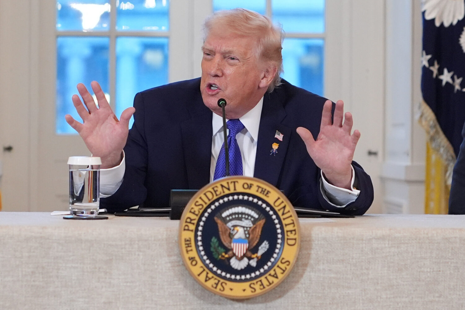 President Donald Trump speaks during a meeting with oil executives in the East Room of the White Ho...