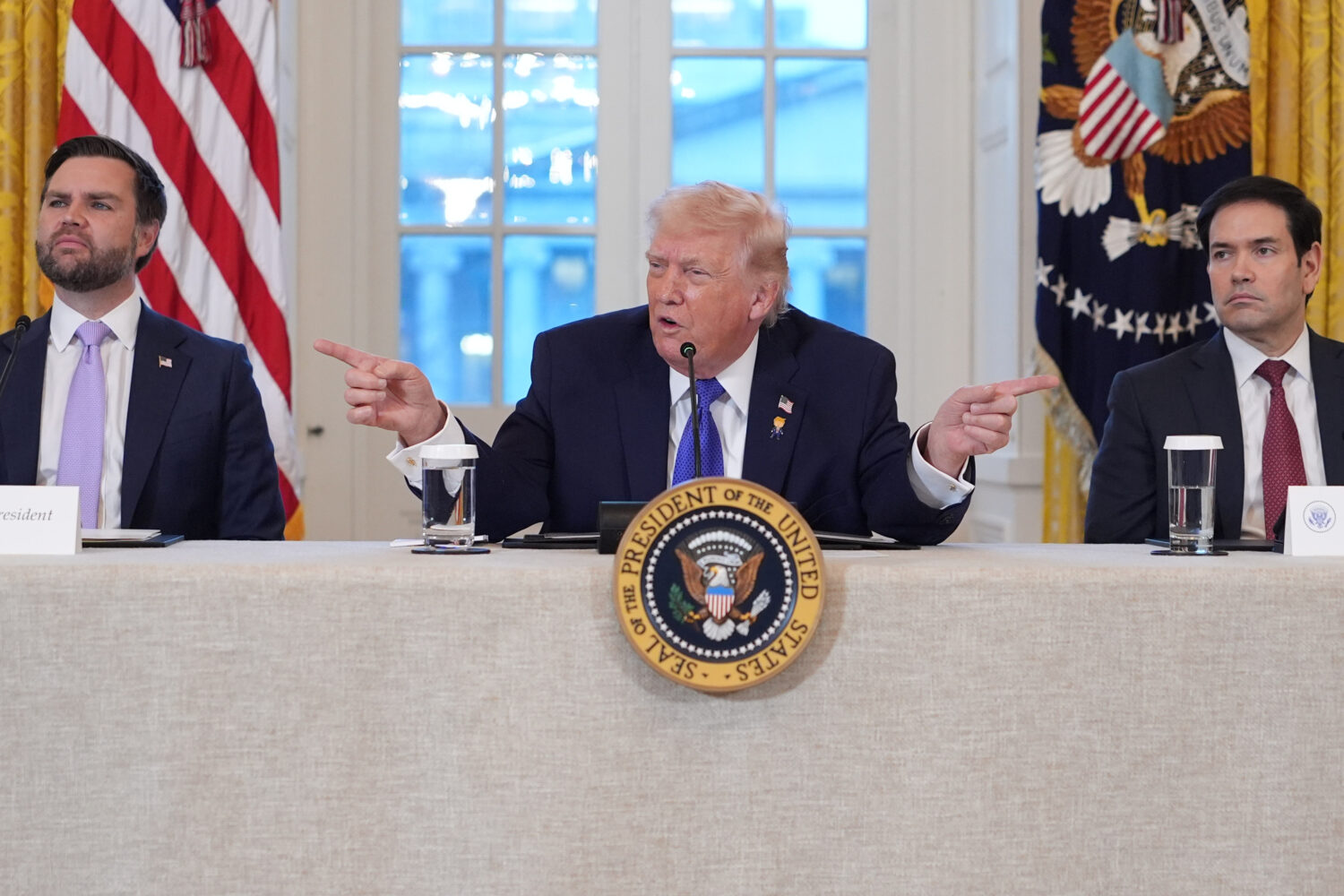 President Donald Trump speaks during a meeting with oil executives in the East Room of the White Ho...
