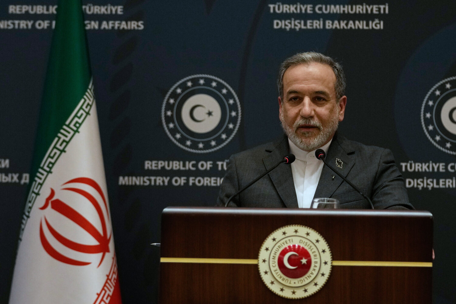 Iranian Foreign Minister Abbas Araghchi speaks to journalists during a joint press conference with ...