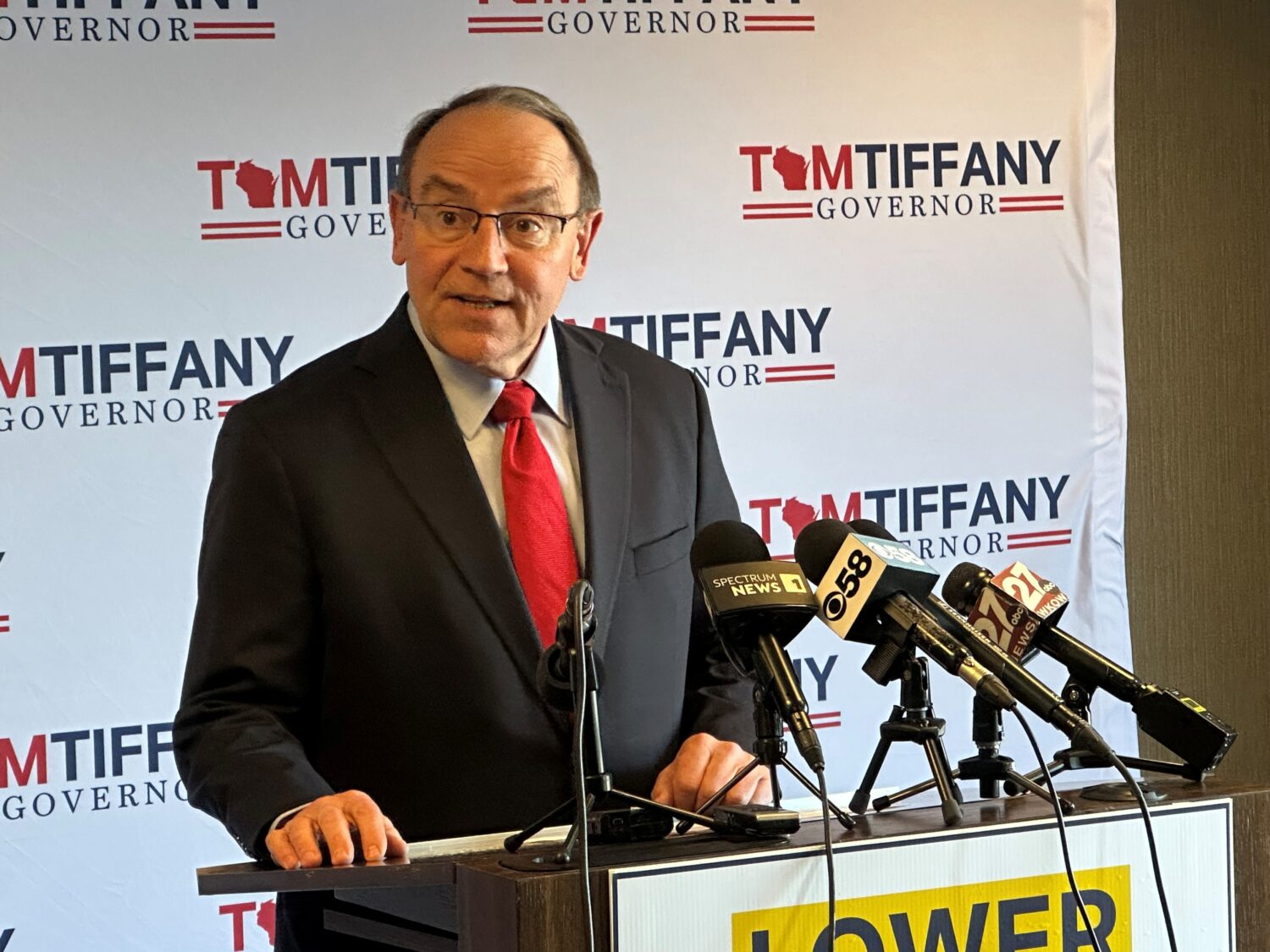Republican U.S. Rep. Tom Tiffany, a candidate for Wisconsin governor, gives a news conference, Mond...
