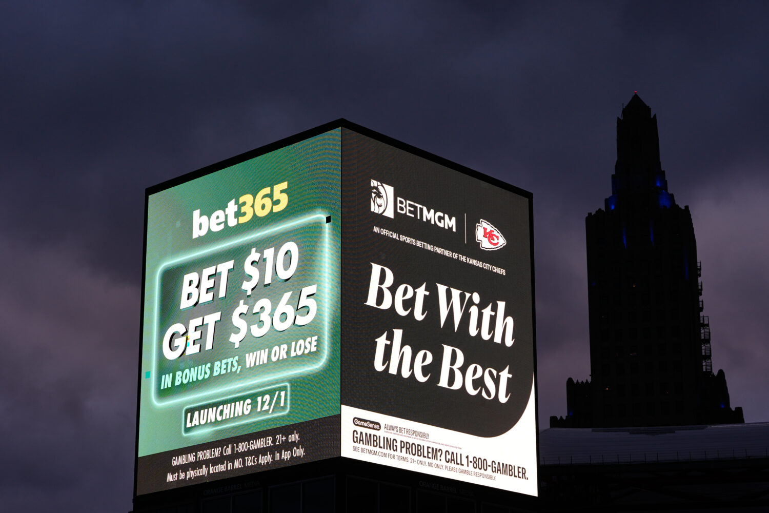 FILE - Advertisements for sports betting apps are seen in downtown Kansas City, Mo., Nov. 29, 2025....