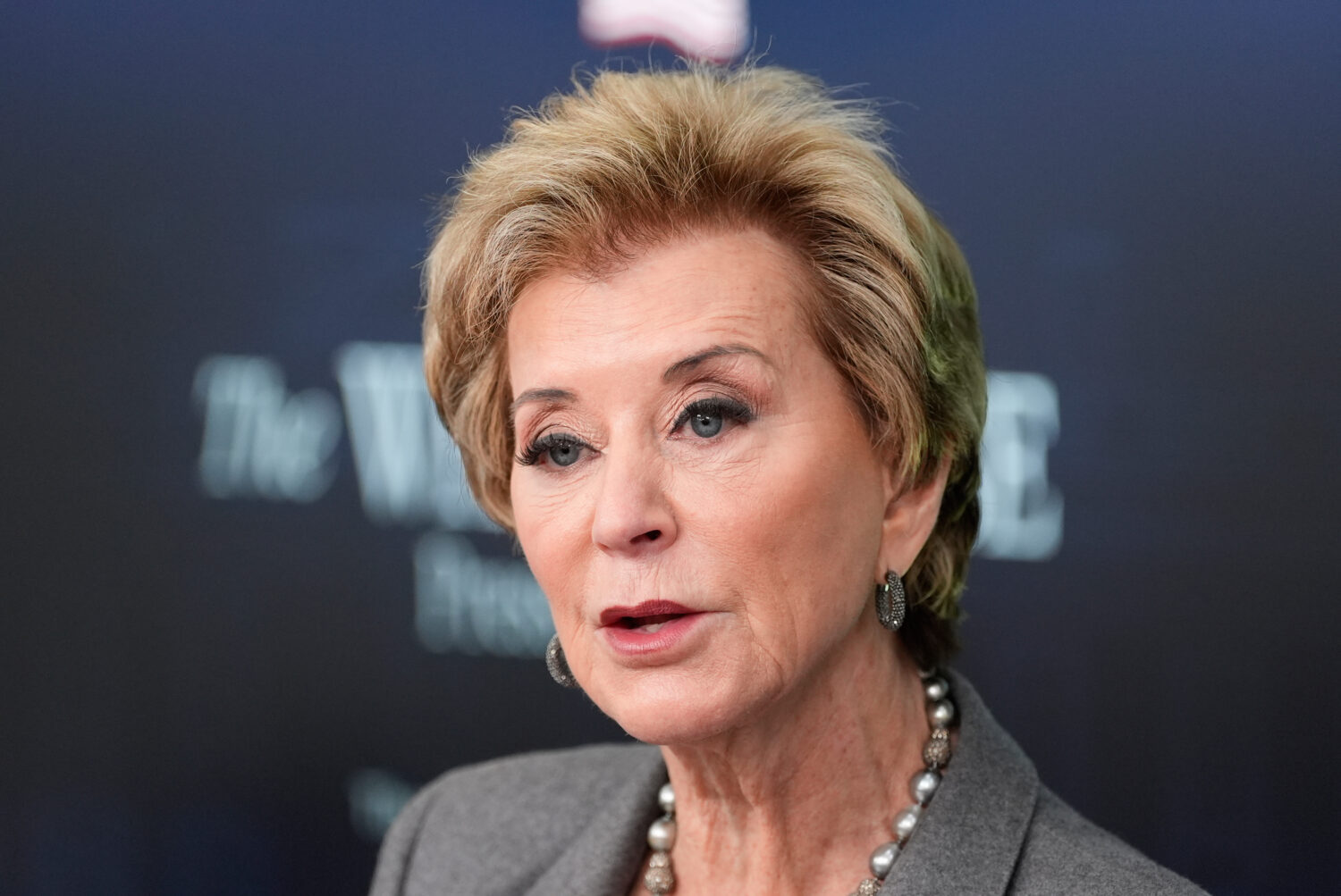 FILE - Education Secretary Linda McMahon speaks with reporters in the James Brady Press Briefing Ro...