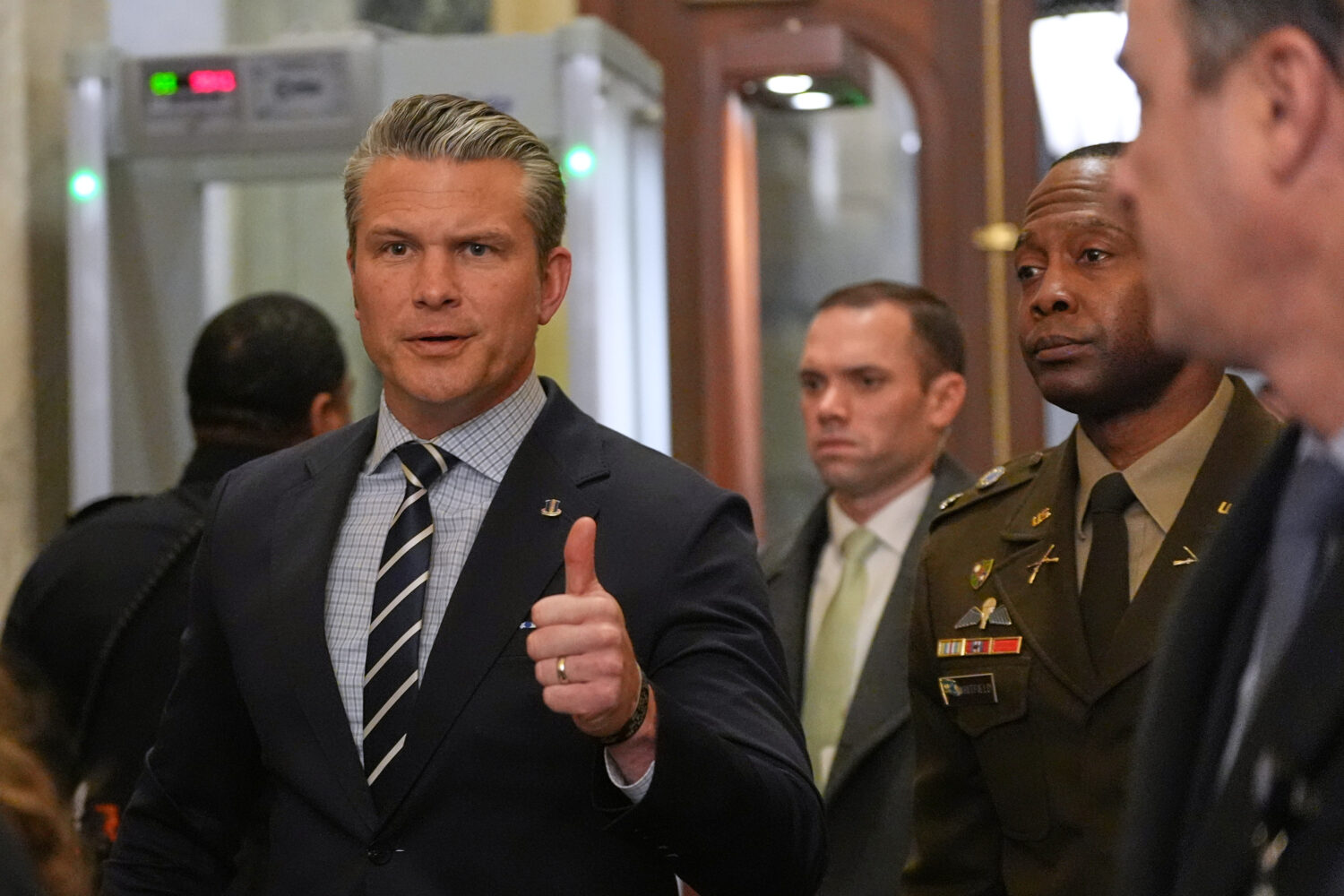 Defense Secretary Pete Hegseth arrives at the U.S. Capitol Monday, Jan. 5, 2026, in Washington, to ...