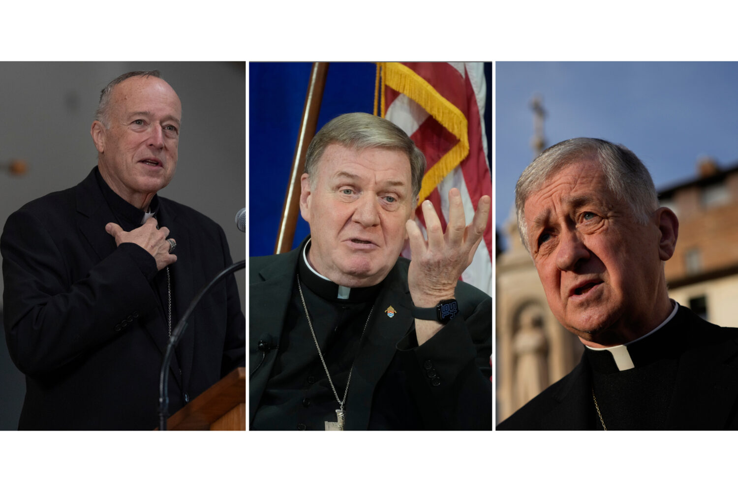 This combo shows, from left, cardinal Robert McElroy, cardinal Joseph Tobin and cardinal Blase Cupi...